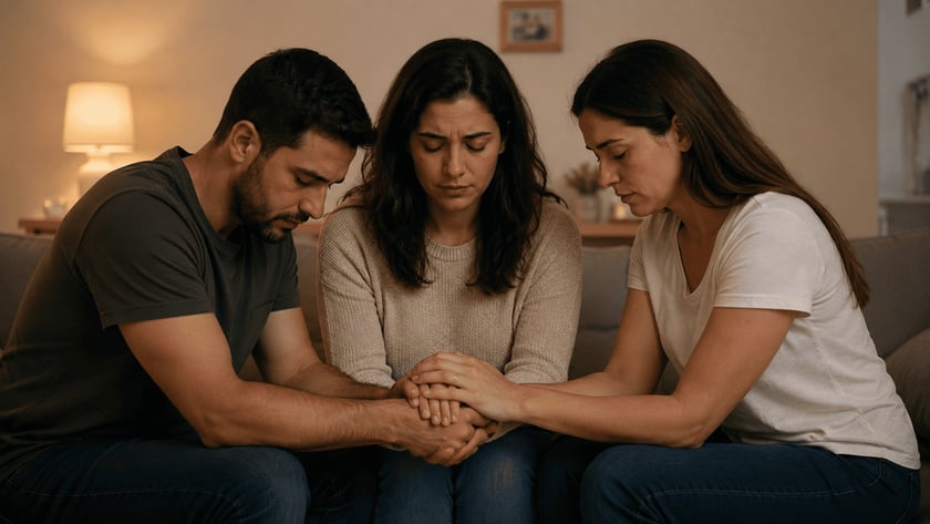 Duas mulheres e um homem sentados no sofá, de mãos unidas, de olhos fechados.
