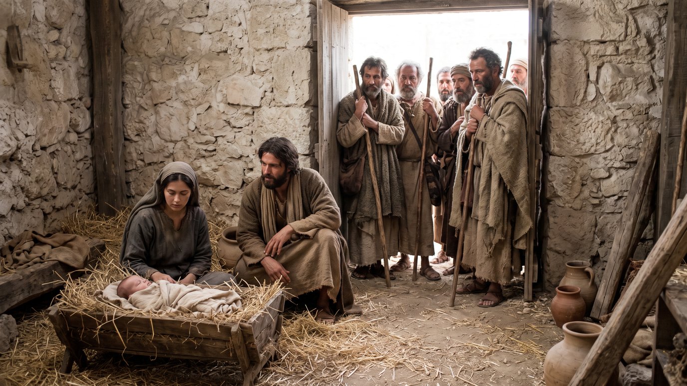 Pastores com cajados observam, da porta, um casal ao lado de um bebê numa manjedoura.