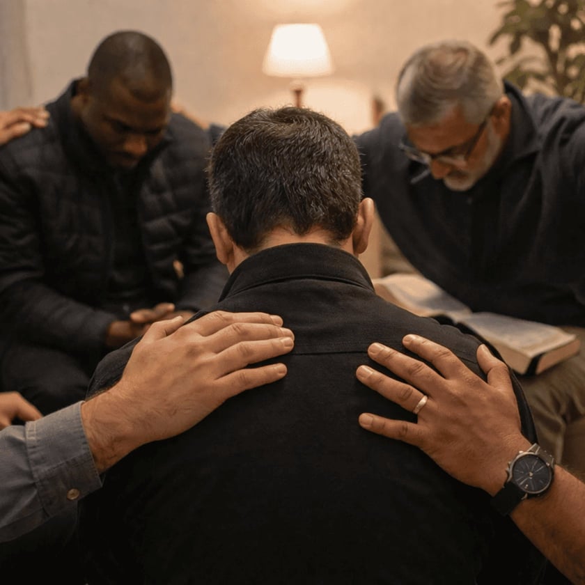 Homens de cabeça baixa oram em círculo, com as mãos nos ombros de um deles.