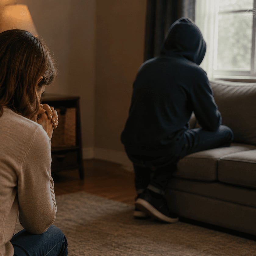 Mulher de mãos juntas em primeiro plano e pessoa de capuz sentada no sofá, de costas.