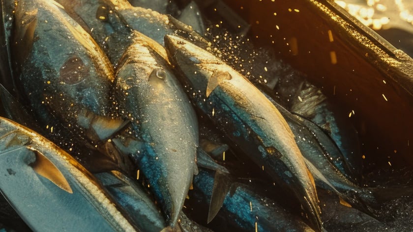 Atuns prateados e azulados amontoados em uma caixa de madeira ao lado do mar.