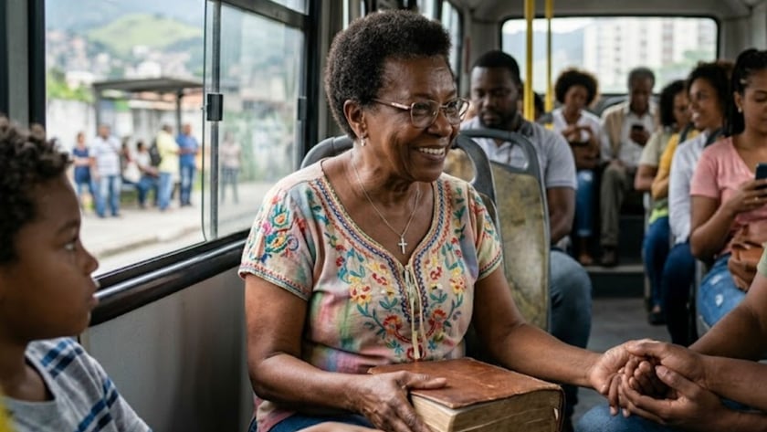 Idosa sorridente de óculos, com um livro no colo, sentada num ônibus ao lado de uma criança.