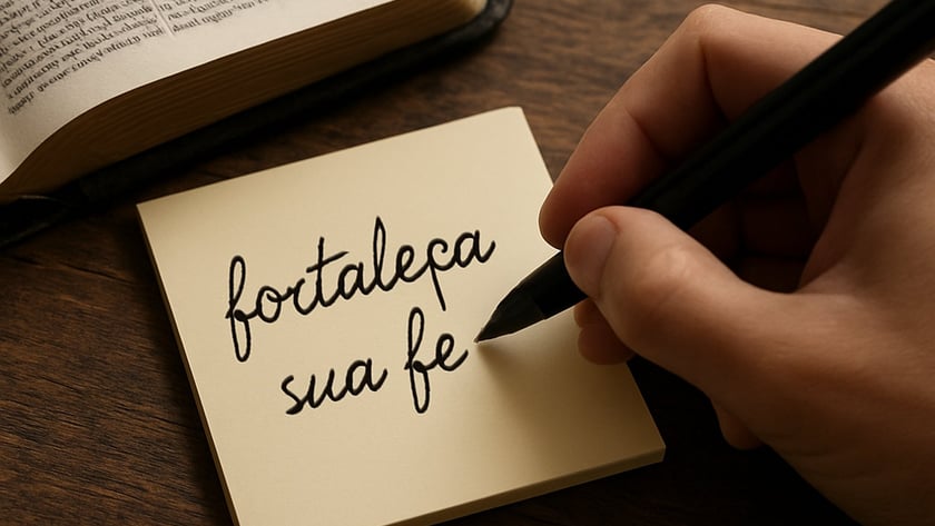 Mão escreve em nota adesiva ao lado de livro: "fortaleça sua fé"