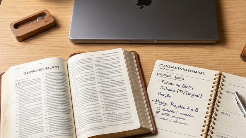 Mesa de madeira com Bíblia aberta, notebook fechado, suculenta e agenda: "Planejamento Semanal".
