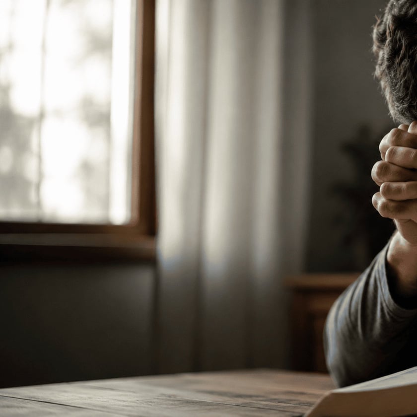 Homem de cabelo escuro e mãos postas sentado à mesa de madeira, com livro aberto.