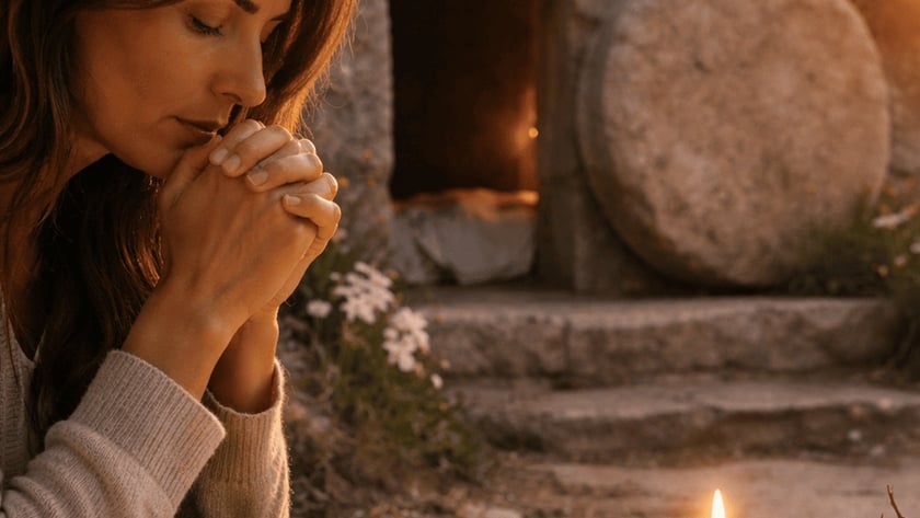 Mulher de olhos fechados e mãos postas reza diante de uma tumba de pedra, com Bíblia e vela.
