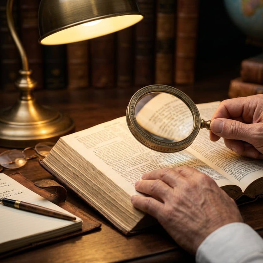 Mãos de uma pessoa idosa examinam um livro antigo aberto com uma lupa sobre a mesa.