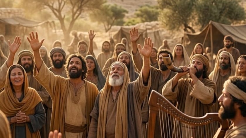 Multidão em trajes antigos canta e ergue as mãos, com harpa e chifre, em acampamento no deserto.