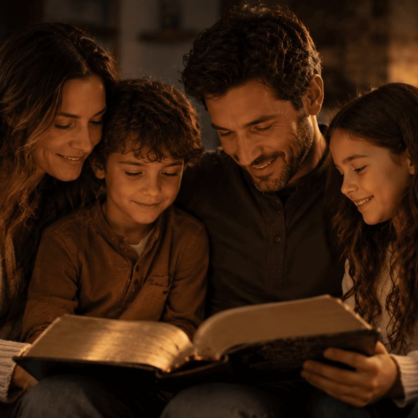 Homem sorridente, uma menina e um menino leem juntos um livro grande num sofá.