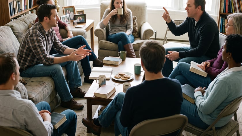 Grupo de pessoas sentadas em círculo numa sala, conversando com livros e canecas à mesa.