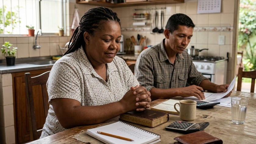 Mulher de mãos juntas e homem com calculadora sentados à mesa de uma cozinha.