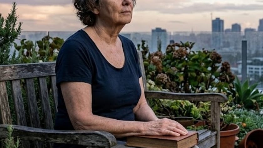 Mulher grisalha sentada em banco de madeira num terraço com plantas, segurando um livro.