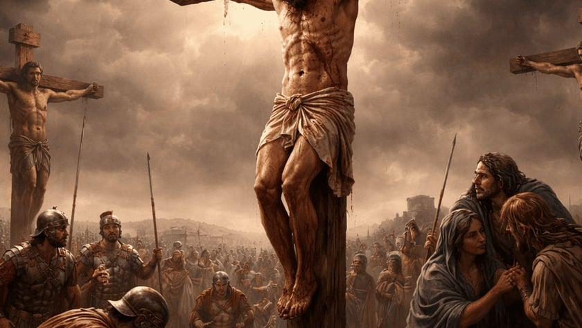 Homem coroado de espinhos crucificado entre dois outros