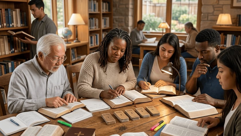 Pessoas de várias idades estudam Bíblias abertas em uma mesa de madeira numa biblioteca.