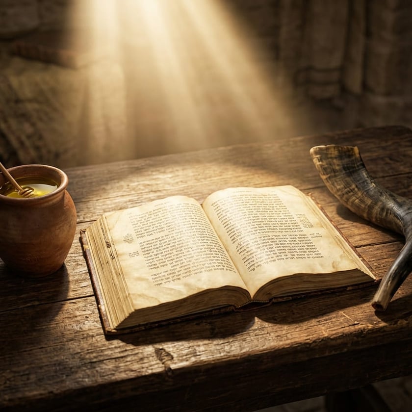Livro antigo aberto sobre mesa de madeira, entre um pote de mel e um shofar.