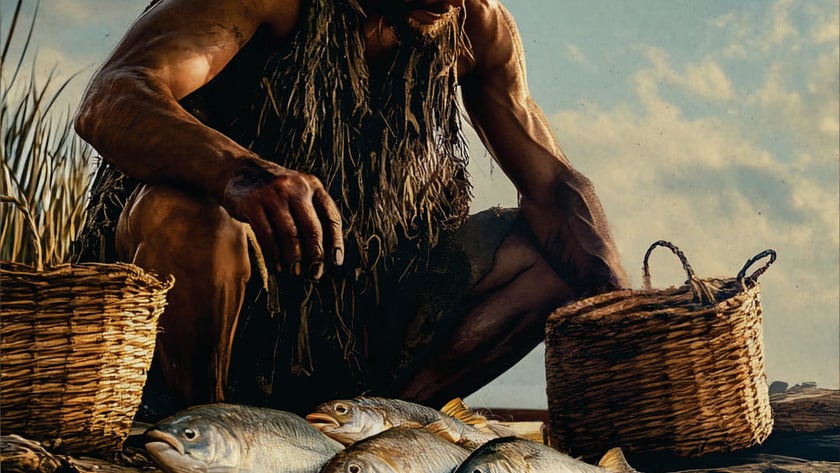 Homem com roupa de fibras agachado ao lado de quatro peixes sobre uma jangada de troncos.
