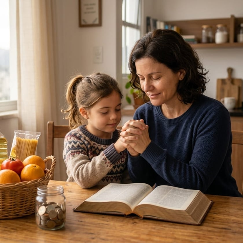 Mulher e menina de mãos postas, olhos fechados, à mesa com Bíblia e cesta de alimentos.