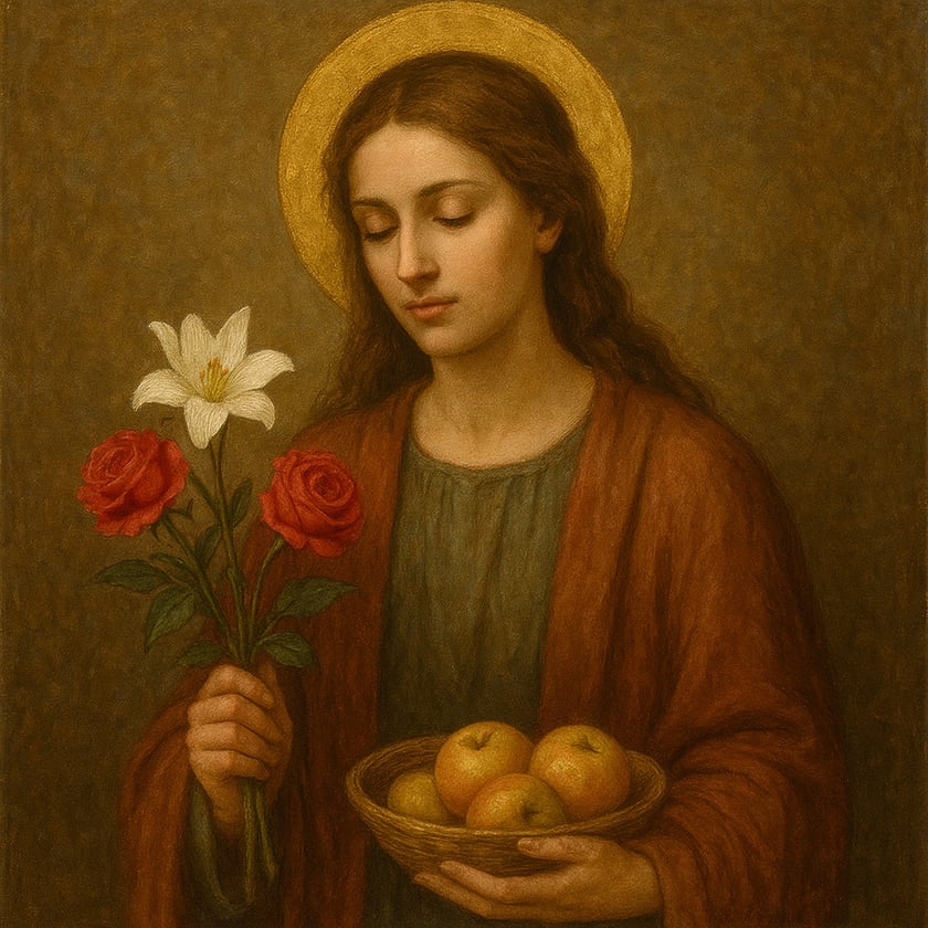 Mulher com auréola dourada segura flores e uma cesta de maçãs.