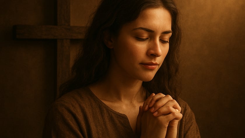 Mulher de cabelos longos e escuros, de olhos fechados e mãos postas, ao lado de uma cruz de madeira.