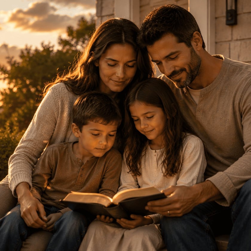 Família com dois filhos lê um livro junto, sentada ao ar livre ao pôr do sol.