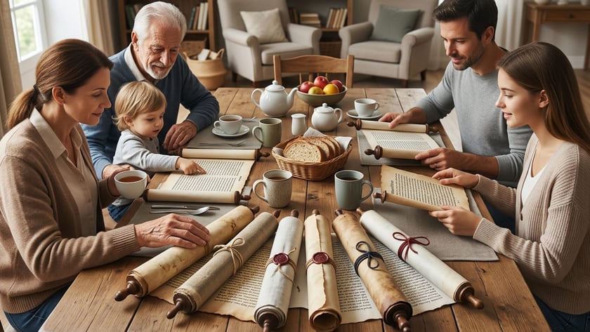 Família de várias gerações ao redor de uma mesa de madeira com rolos de pergaminho e chá.