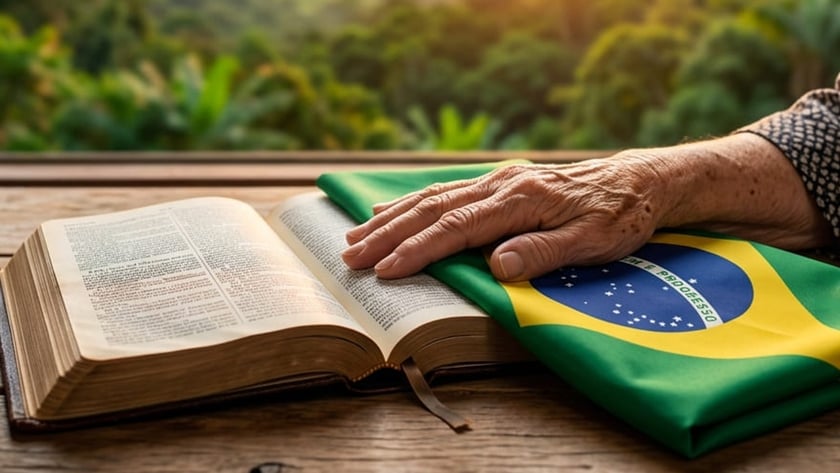 Mão idosa sobre uma Bíblia aberta e a bandeira do Brasil, diante de paisagem de montanhas.