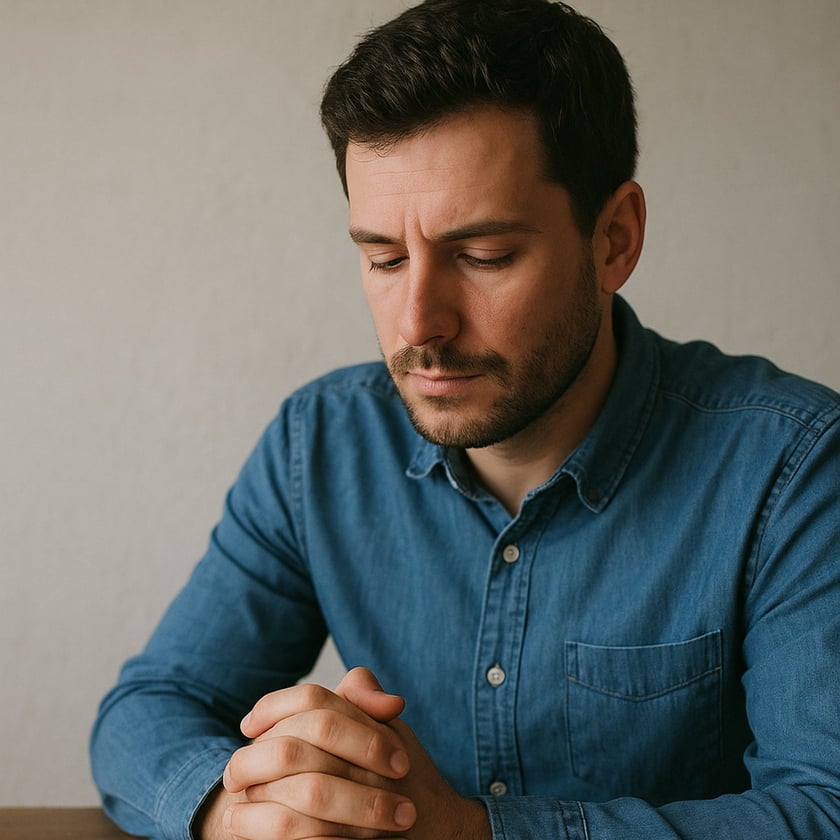 Homem de barba curta e camisa jeans, sentado à mesa, olha para as mãos entrelaçadas.