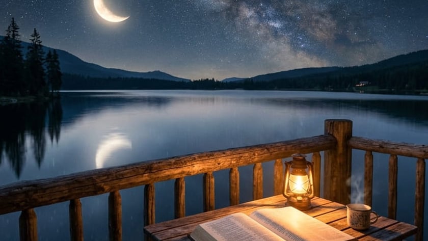 Bíblia aberta, lampião aceso e caneca sobre mesa de varanda diante de lago à noite.