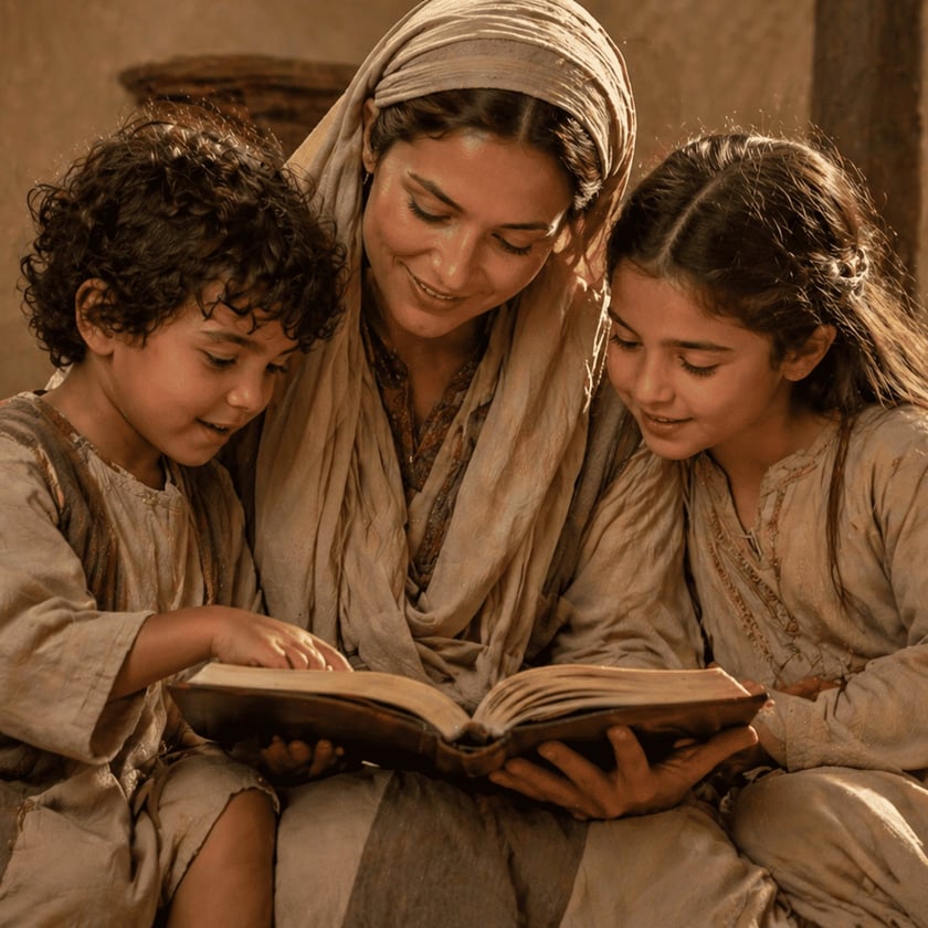 Mulher de véu e uma menina leem juntas um livro grande, com uma criança ao lado.