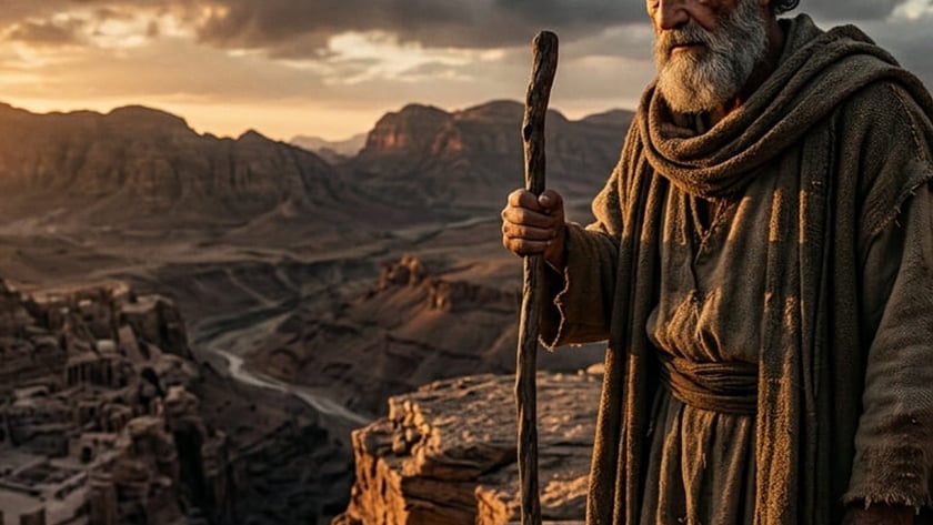 Mão segurando um cajado em penhasco, diante de ruínas escavadas na rocha no deserto ao pôr do sol.