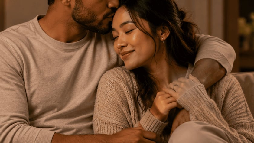 Homem beija a testa de uma mulher abraçada a ele no sofá, com vela e livro.