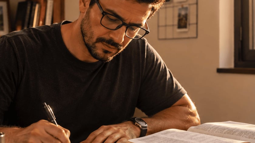 Homem de óculos e barba escreve em um caderno ao lado de uma Bíblia aberta.