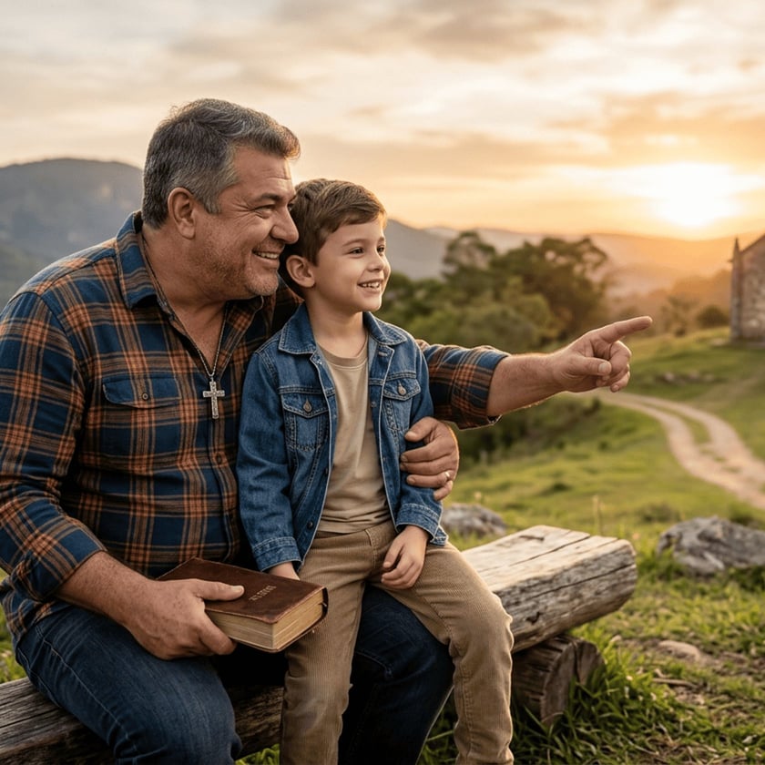 Homem com uma Bíblia e um menino sentados num tronco, apontando para uma capela.