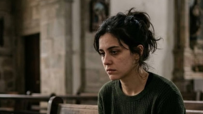 Mulher de cabelo escuro sentada em um banco de igreja, com um livro aberto no colo.