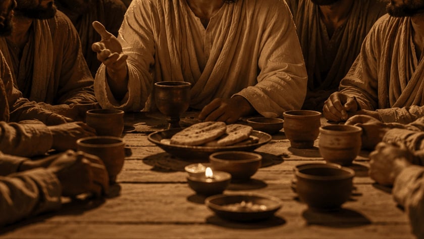 Homens de túnica sentados ao redor de uma mesa de madeira com pães e taças, à luz de velas.