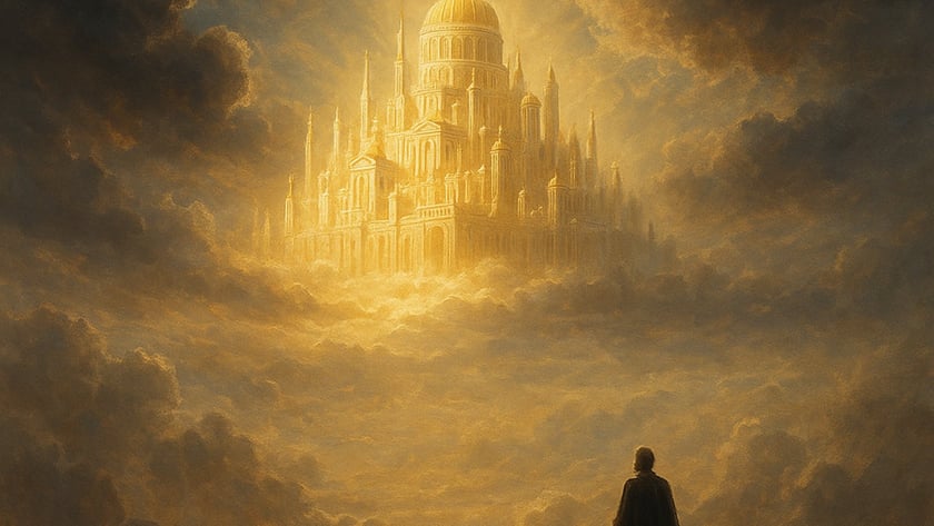 Figura de manto em um penhasco contempla um palácio dourado com cúpula sobre as nuvens.