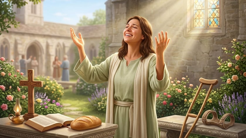 Mulher de túnica verde ergue as mãos em um jardim de igreja, perto de pão, Bíblia e muleta.
