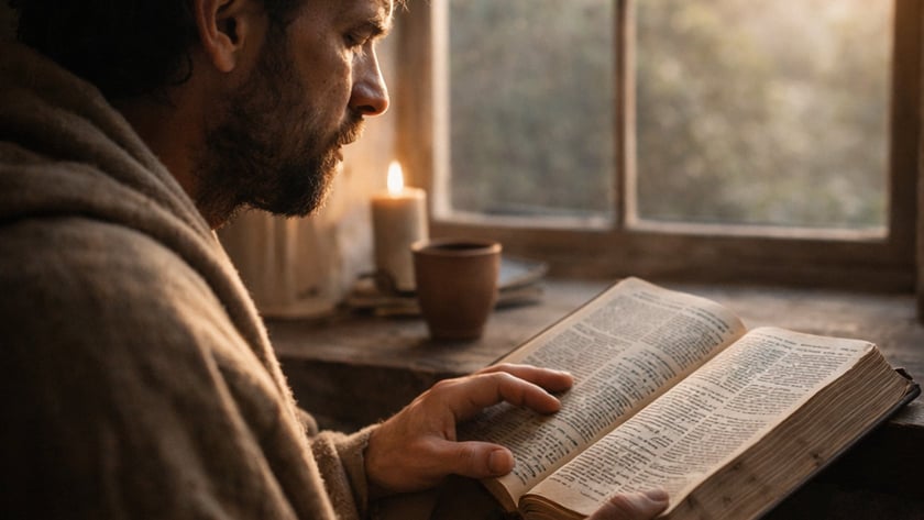 Homem barbudo envolto em manta lê um livro aberto ao lado de uma janela.