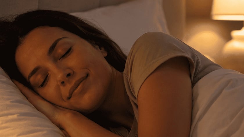 Mulher dormindo de lado na cama, com edredom branco e abajur aceso ao fundo.