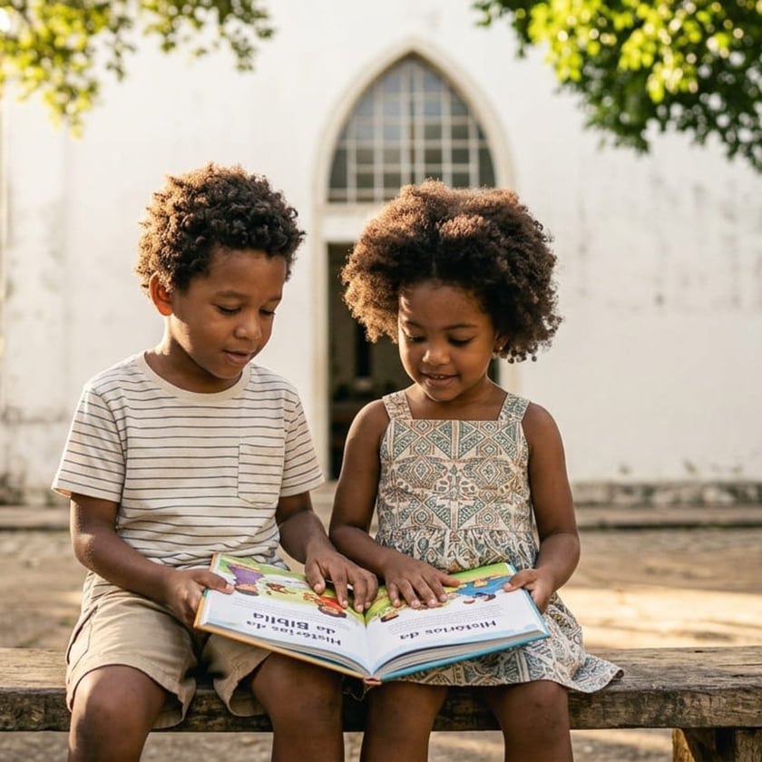 Dois irmãos sentados num banco leem juntos um livro, diante de uma igreja branca.