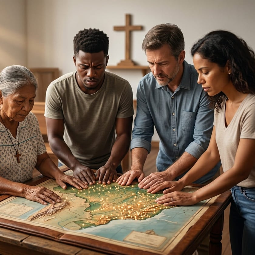 Quatro pessoas de olhos baixos apoiam as mãos sobre um mapa com pontos luminosos, sob uma cruz.