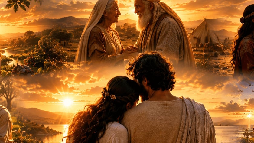Casais em trajes antigos se abraçam ao pôr do sol; no centro, um casal sentado de costas.
