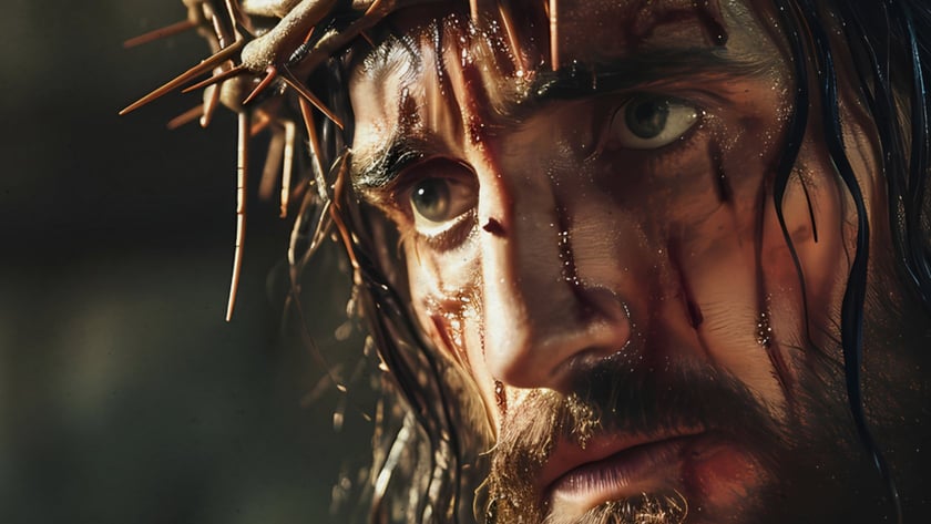 Homem de cabelos longos molhados e barba, com coroa de espinhos e marcas de sangue no rosto.