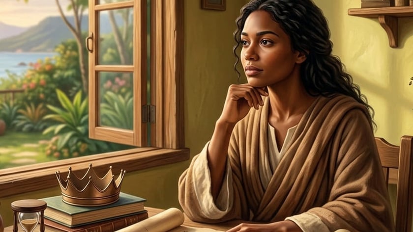 Mulher de manto marrom, sentada à mesa com pergaminhos, olha pela janela para o mar.