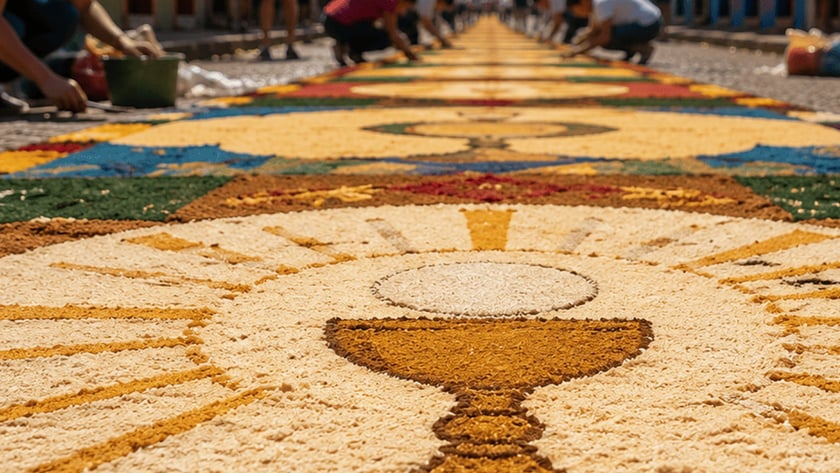 Pessoas agachadas montam tapete colorido com cálice dourado em rua de casarões e igreja.