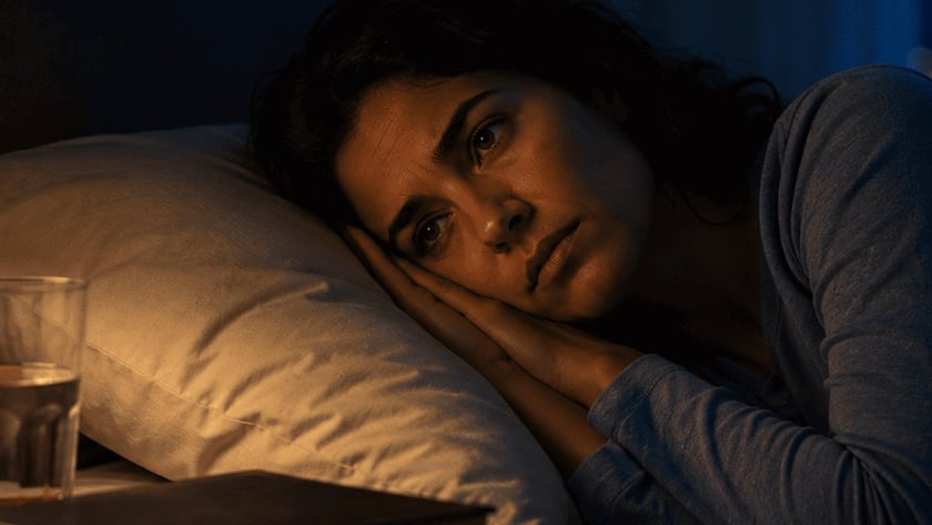 Mulher deitada na cama, de olhos abertos, ao lado de abajur aceso, copo d'água e livro.