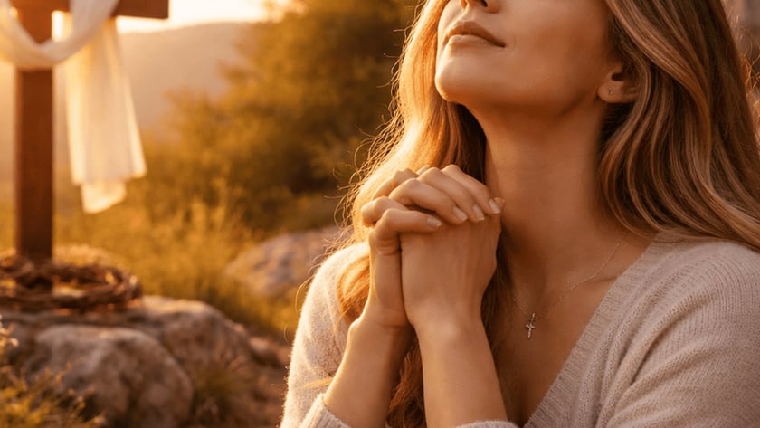 Mulher de cabelos longos reza de mãos unidas diante de uma cruz de madeira com tecido branco.