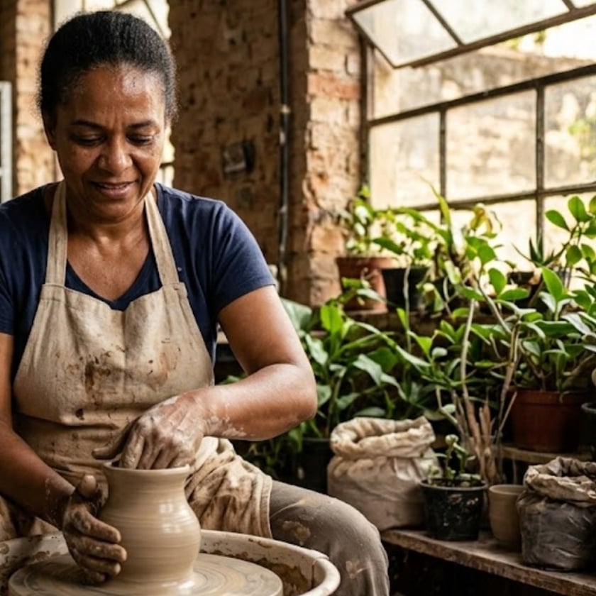 Mulher de avental modela um vaso de argila no torno.