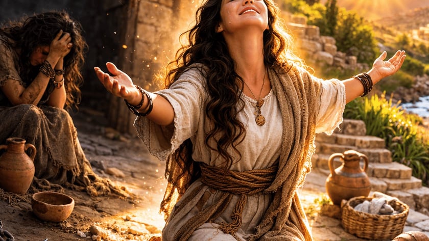 Mulher ajoelhada de braços abertos e olhos fechados, com jarros, cesta e pão ao redor.