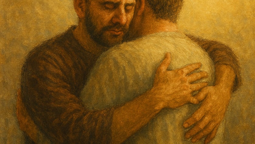 Dois homens se abraçam; um de barba e olhos fechados apoia o rosto no ombro do outro.